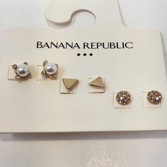 Banana Republic Earring Set of 4 Gold Tone Studs Crystal Casual Workwear Jewelry - Picture 4 of 6